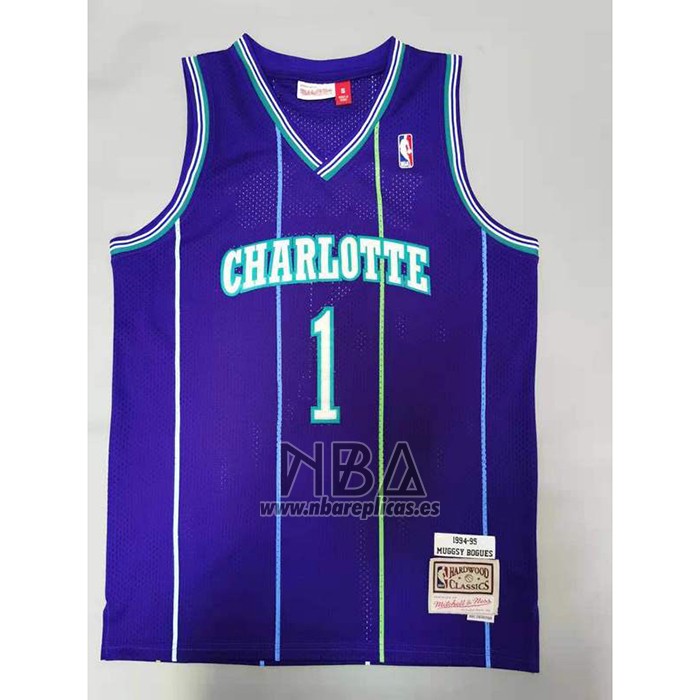 Camiseta Charlotte Hornets Muggsy Bogues NO 1 Mitchell & Ness 1994-95 Violeta